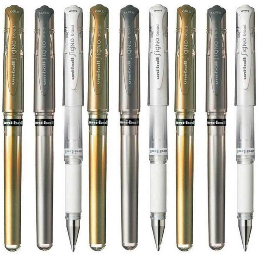 Uni Ball Assorted Colour Pack Signo Pen Broad Metallic Gel Ink UM-153 3 of each Colour - Gold Silver White (9 Pens)