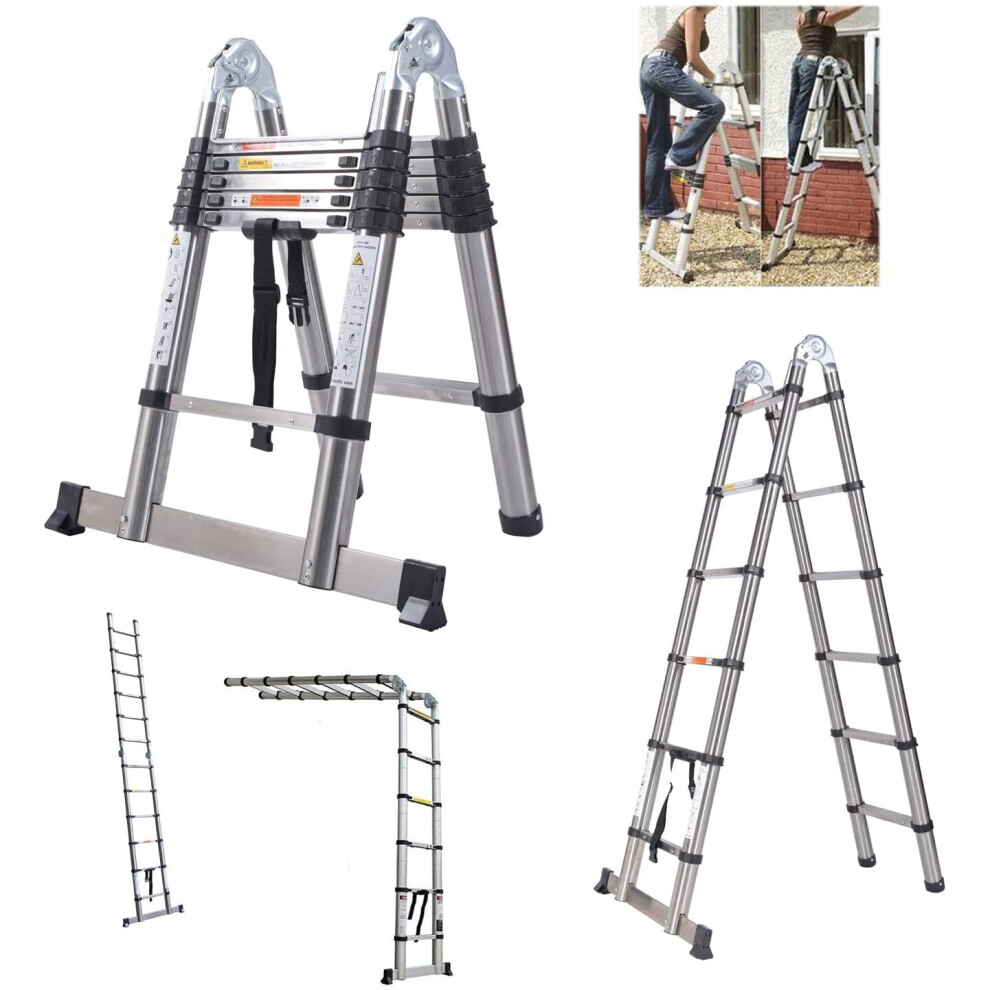 3.8m/12.5FT (1.9m+1.9m) Telescopic Heavy Duty Stainless Steel Ladder EN131