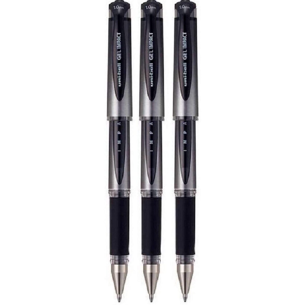 Uni Ball Black Capped (UM-153S) Gel Impact Rollerball Pen Ball Point Pens Broad 1mm Nib Tip 0.6mm Line Width Ink (Pack Of 3)