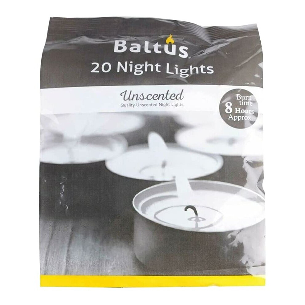 Baltus Pack of 20 Unscented Wax Night Lights Tealights Candles 8 Hour Burn Time