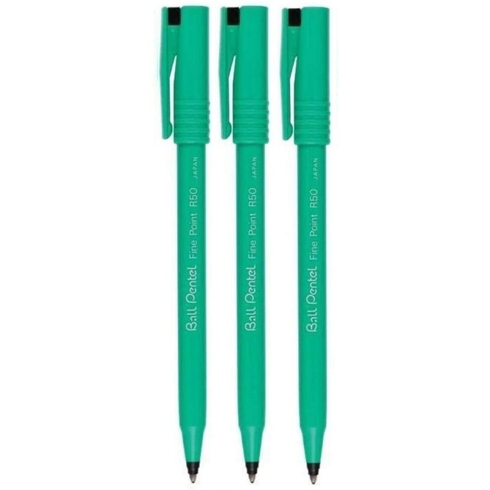 Pentel Black R50 Rollerball Ball Pen Pens Fine 0.8mm Cushioned Nib Tip 0.4mm Line Width 77% Recycled (Pack Of 3)