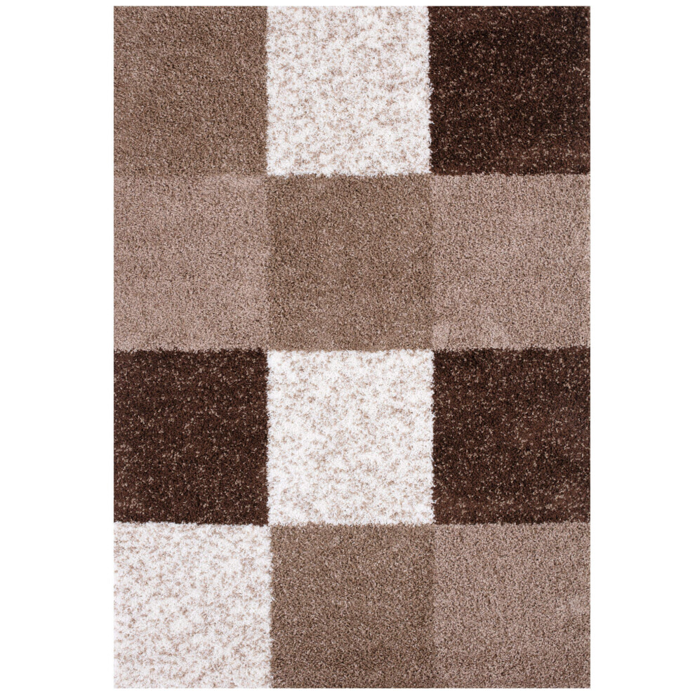 B&Q - Brown And Ivory Soft Checkerboard Design Fluffy Shaggy Rugs And Runners High Pile Living Room Kitchen Hallway 381 - Image 5