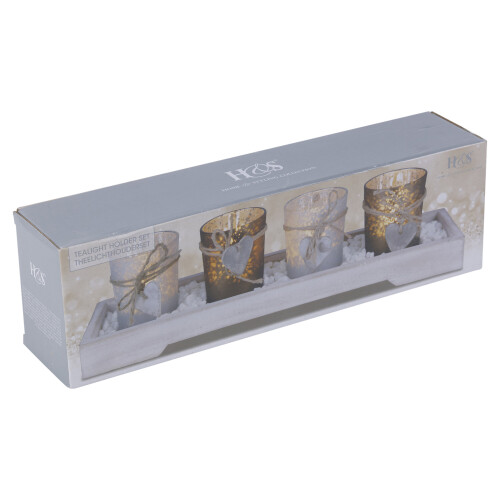 URBN Living Home Decor 4 Tea Light Holders Wood Tray Decorative Stones Gift Set 2