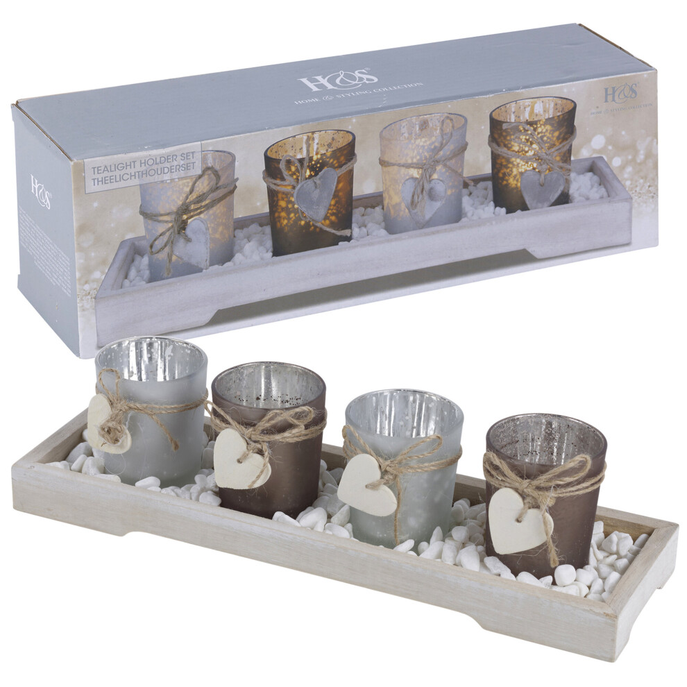 Home Decor 4 Tea Light Holders Wood Tray Decorative Stones Gift Set