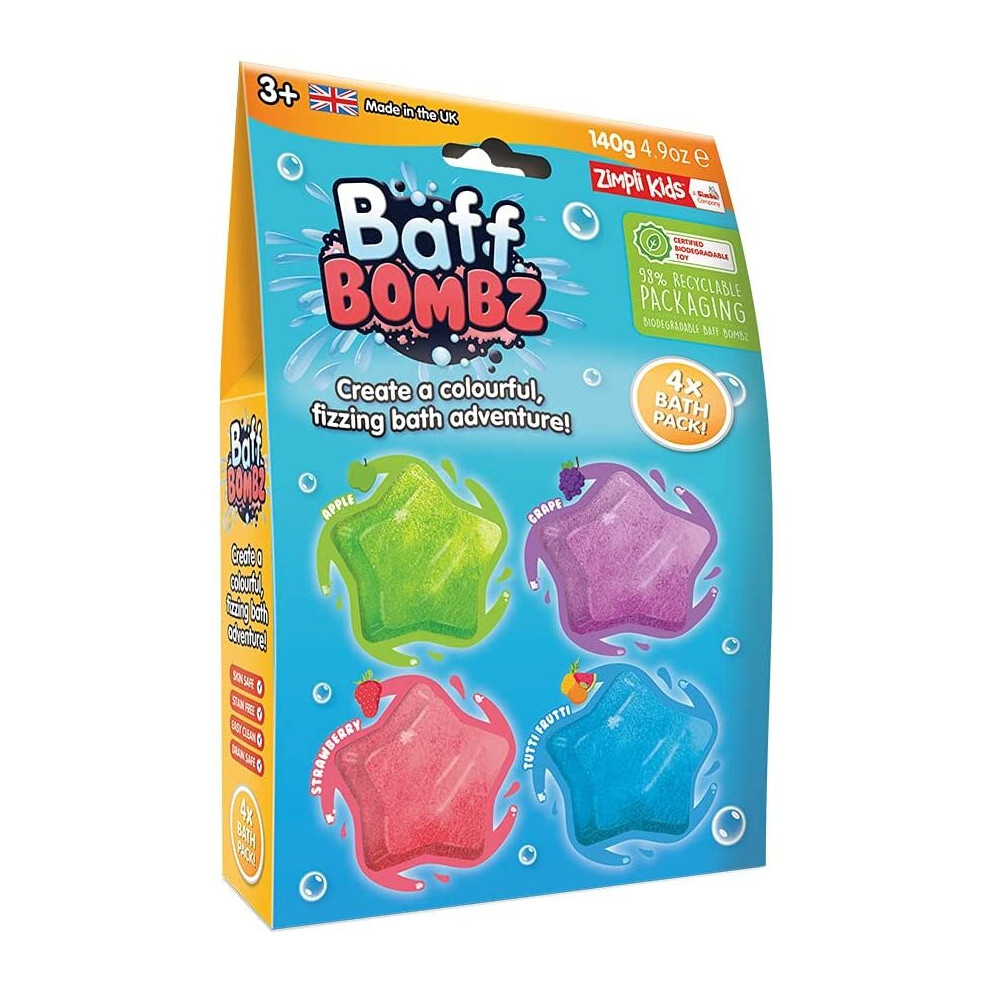 4 x Star Bath Bombs from Zimpli Kids, Christmas Stocking Fillers for Children, Xmas Presents, Gifts for Boys & Girls, Baff Bombz Gift Set