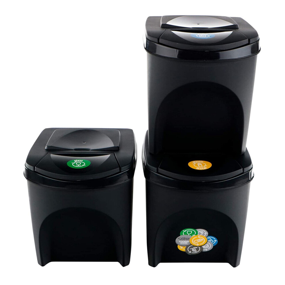 Prosperplast Set of 3 recycling bins, total capacity 60 litres, stackable, compartments in anthracite, 3 x 25 litres