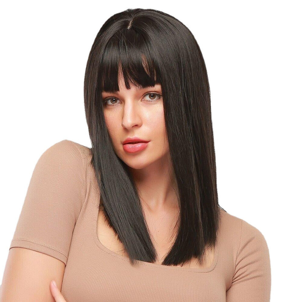 Greenzech Black Medium Length Straight Hair Natural Shawl Breathable Bangs Synthetic Wigs