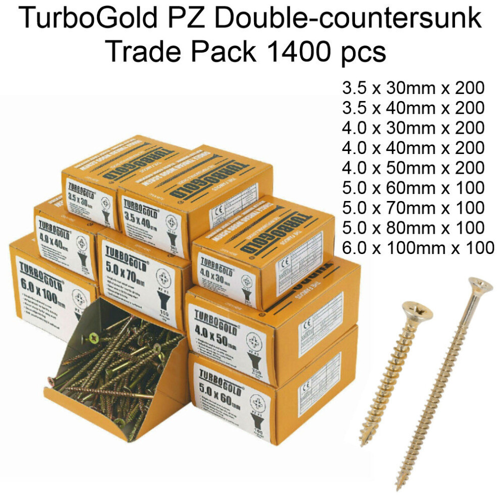 Turbogold Pozi Double Countersunk Multipurpose Wood Screws Trade Pack 1400 Pcs 3713804132897