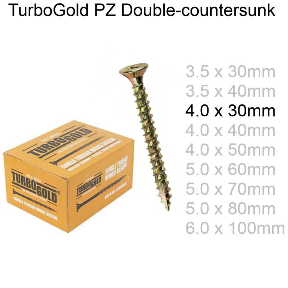 ( 4.0 x 30mm, 200) TurboGold Pozi Double Countersunk Multipurpose Wood Screws Various Sizes