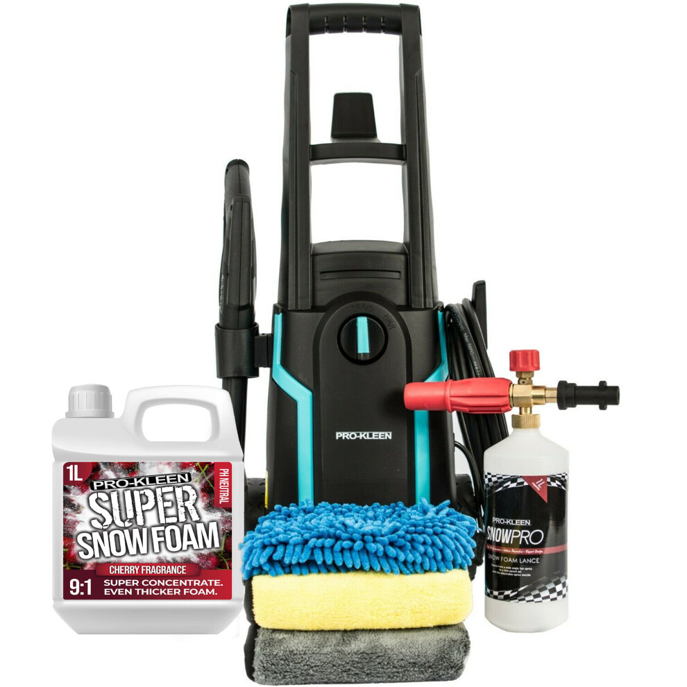 Pro-Kleen (Cherry Snow Foam 1L, Karcher Snow Foam Lance & Microfibre Kit) Pressure Washer 1.6Kw Car & Patio Cleaning Kits
