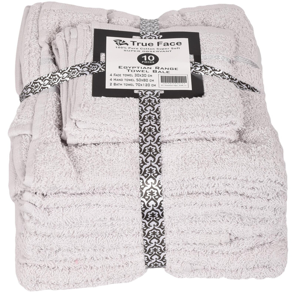 True Face (, 10 Pack) 100% Egyptian Cotton Bath Hand Face Towel Set Silver