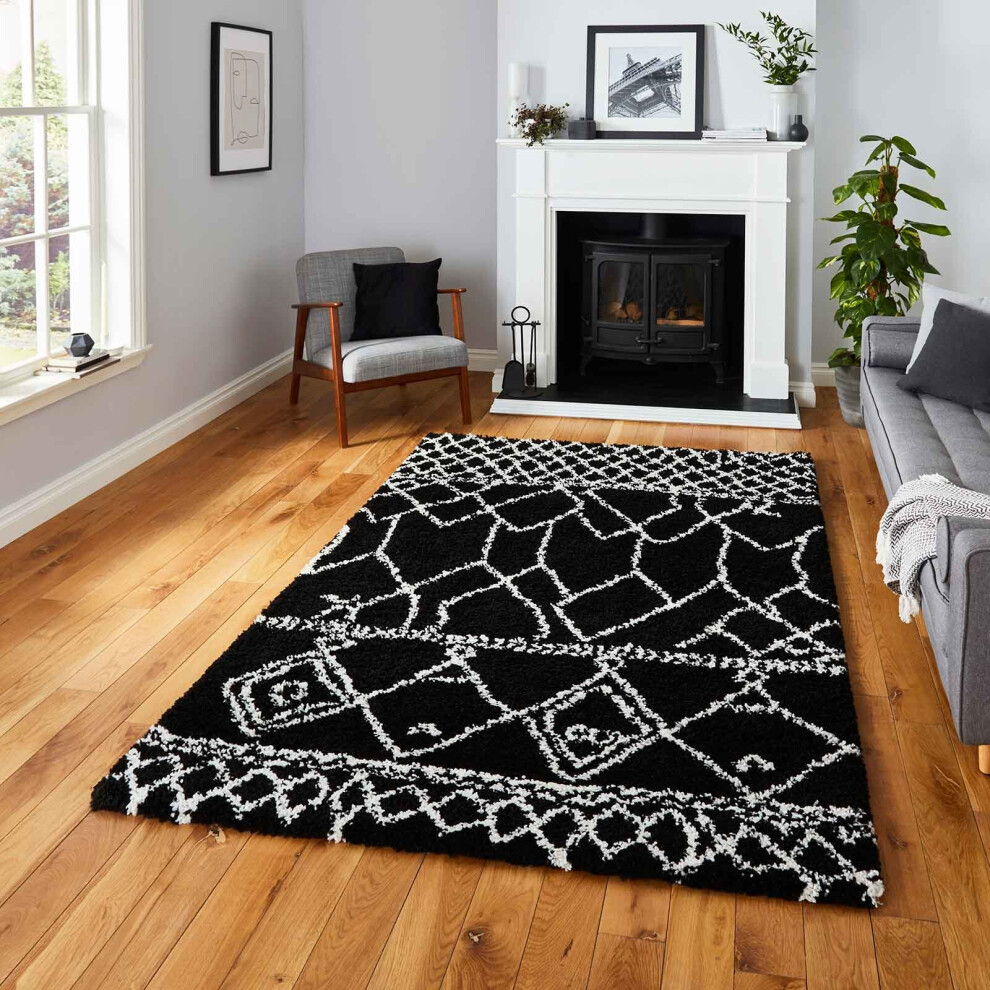 (G276 Black/White, 120 X 170 cm) Moroccan Berber Soft Shaggy Rugs Nordic Scandi Tribal Rug Shag 4cm Thick Pile Soft Fluffy Warm Carpet Mat Small Mediu