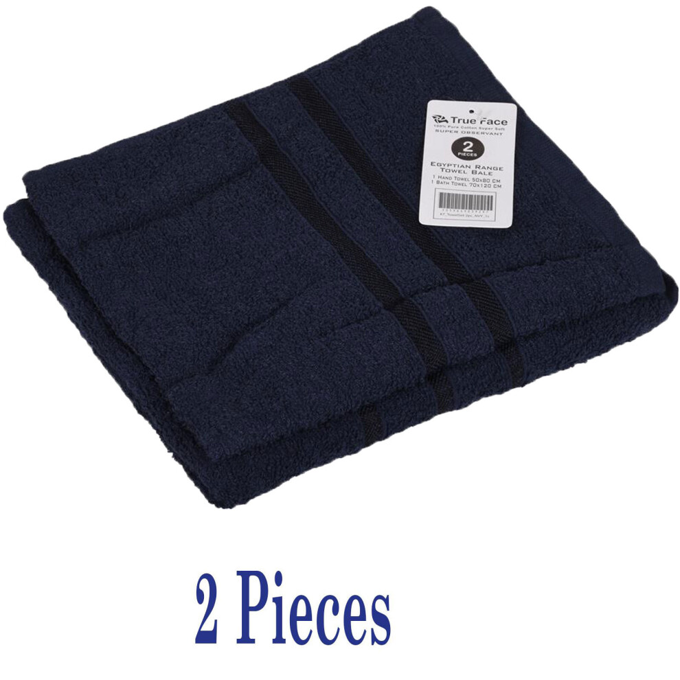 (Navy, 2 Pack) 100% Egyptian Cotton Bath Hand Face Towel Set