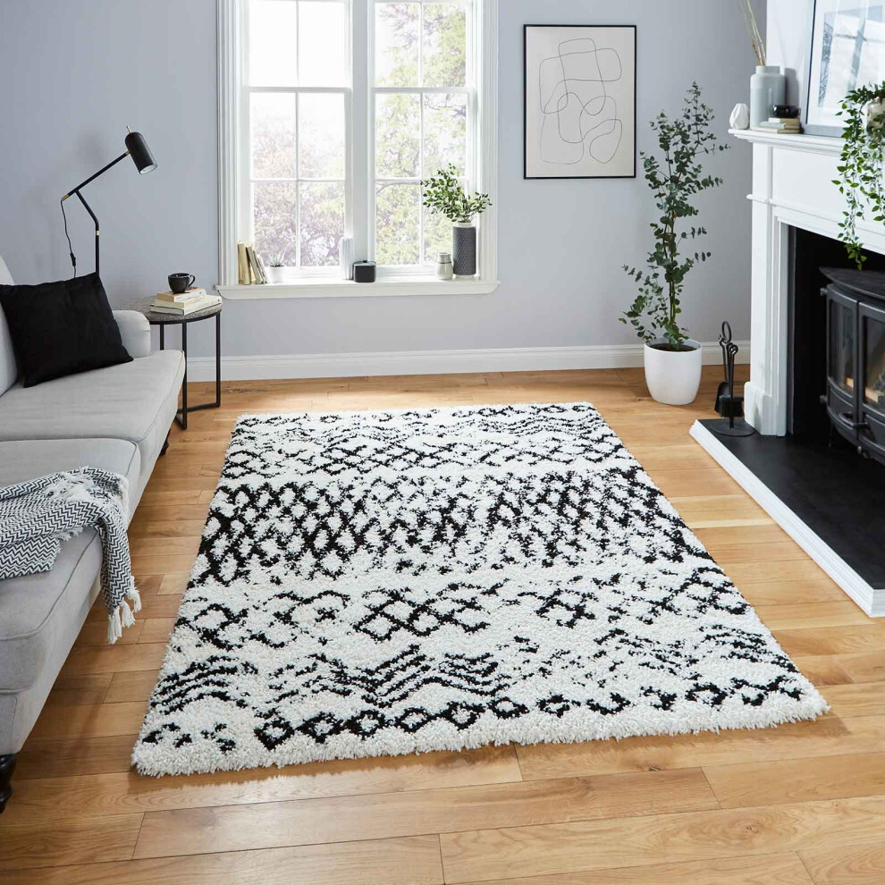 Think Rugs (G271 White/Black, 160 X 220 Cm) Moroccan Berber Soft Shaggy Rugs Nordic Scandi Tribal Rug Shag 4Cm Thick Pile Soft Fluffy Warm Carpet Mat Small Mediu