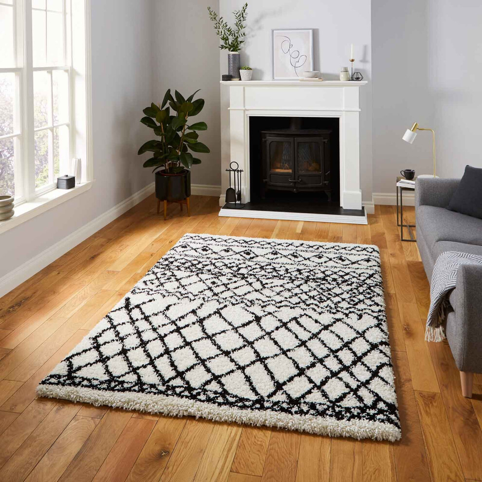 Think Rugs (G274 White/Black, 160 X 220 Cm) Moroccan Berber Soft Shaggy Rugs Nordic Scandi Tribal Rug Shag 4Cm Thick Pile Soft Fluffy Warm Carpet Mat Small Mediu