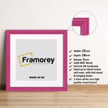 (Pink With White Mount, 7x7" Pic (9x9" Frame)) Square Size Pink Picture Frame / LW Style Wall Art Frame / Modern Photo Frames With Multicolored Mount