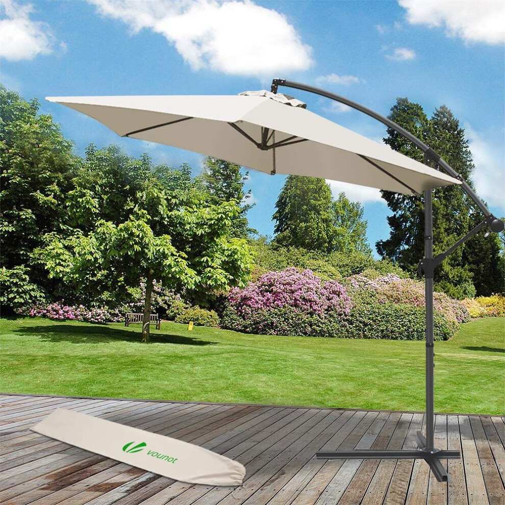 Vounot 3M Cantilever Garden Parasol, Banana Patio Umbrella With Crank Handle And Tilt For Outdoor Sun Shade, Hexagonal Beige