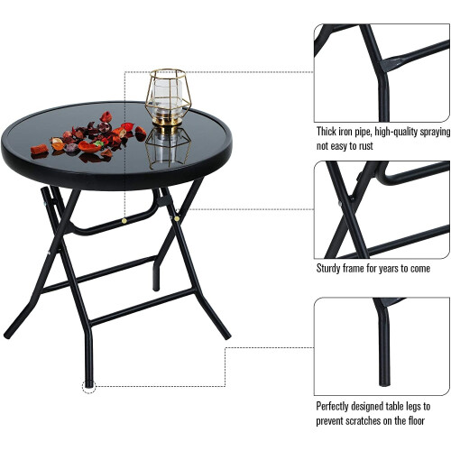 PHI VILLA Folding Side Table, Foldable Coffee Table, Outdoor Garden Table, Small Round Patio Table - Black 2