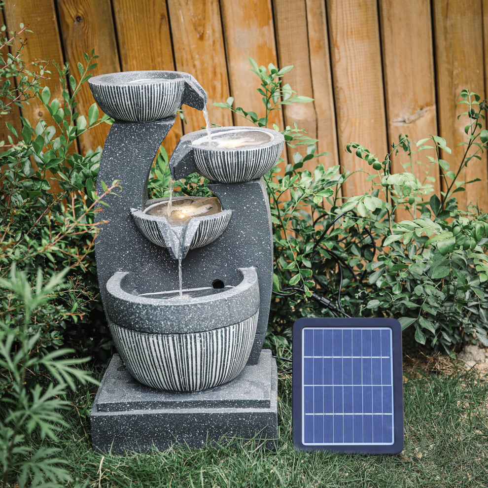 (Solar 3 Bowls 24*22*47cm) 220v or Solar Powered Garden Patio Water Feature Cascading Water Fountain w Pump