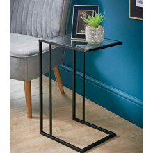 Sofa Side Table with Clear Glass Top - Contemporary End Table for Living Room/Bedroom, Black Metal Legs, W40 x D30 x H59cm