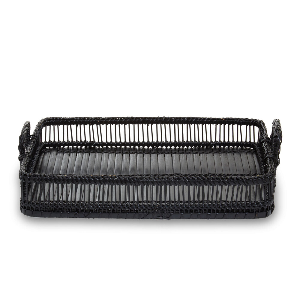 Photos - Tray Premier Housewares Rectangular Black Rattan and Bamboo  1902024 