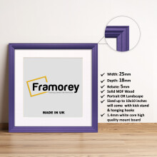 (Purple With White Mount, 4x4" Pic (6x6" Frame)) Square Size Purple Picture Frame / LW Style Wall Art Frame / Modern Photo Frames With Multicolored Mount