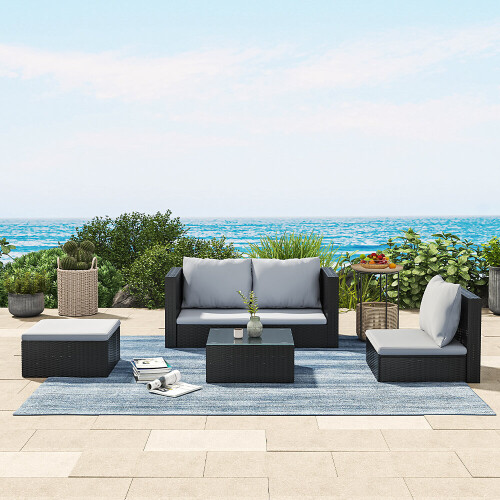 Set of 5 Outdoor Garden Furniture Set, 4Seater Rattan Corner Sofa