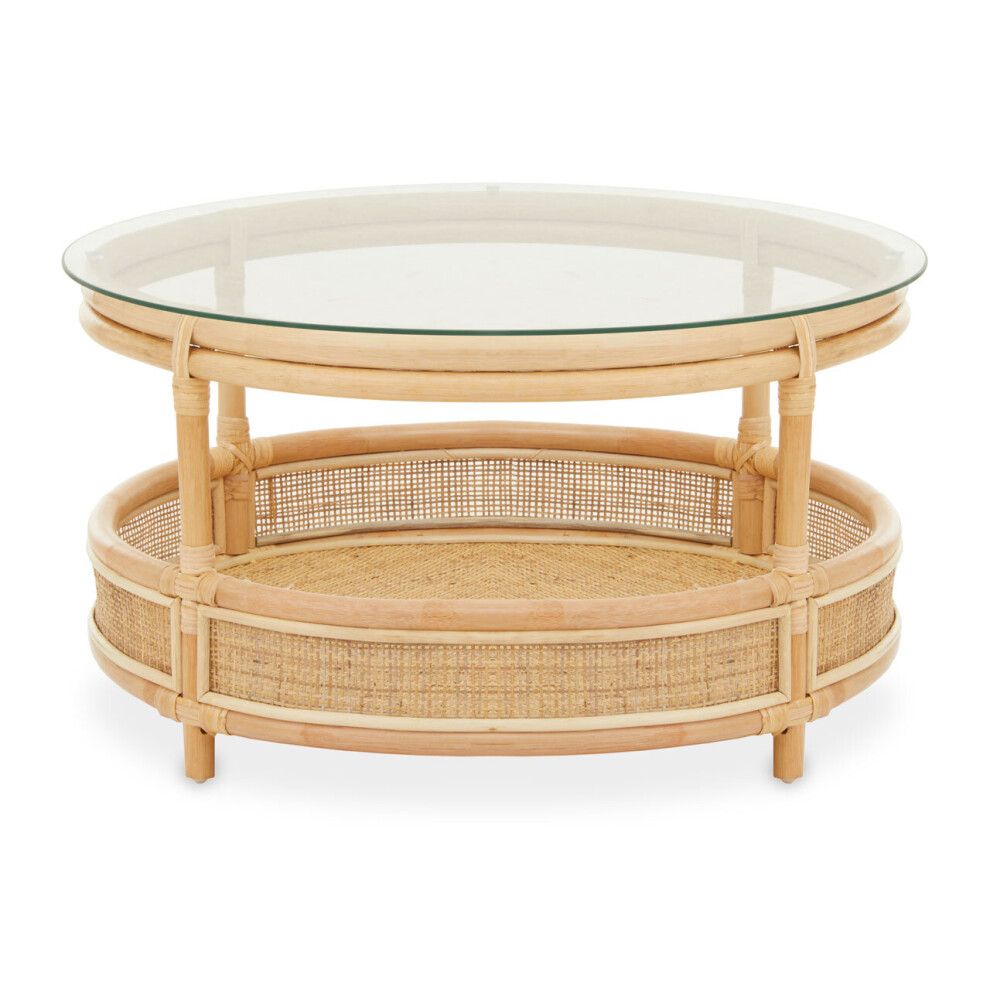 Elegant Rattan Coffee Table With Glass Top, Round Cane Furniture, Sturdy Outdoor Table, Stable Coffee Table