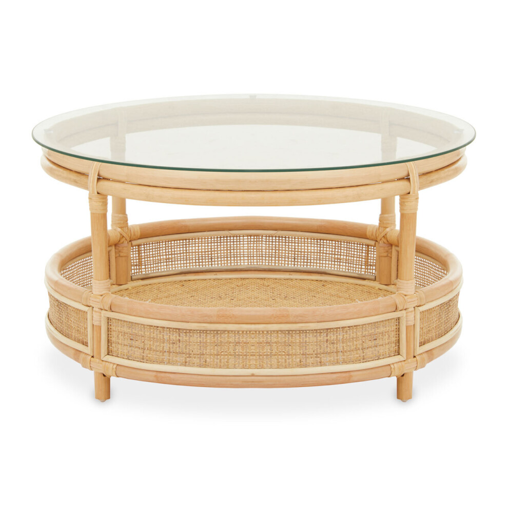Premier Housewares Elegant Rattan Coffee Table With Glass Top, Round Cane Furniture, Sturdy Outdoor Table, Stable Coffee Table