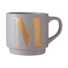 Modern Grey M Initial Mug,Smooth Porcelain Coffee Cup With Warm Gold Letter Detailing,Dishwasher Safe Mug