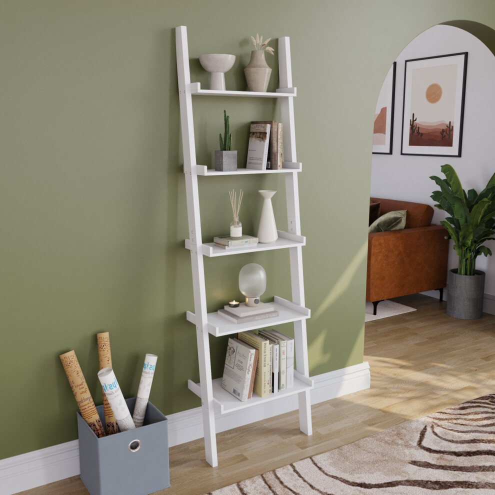 (White) York 5 Tier Ladder Bookcase Leaning Shelving Unit