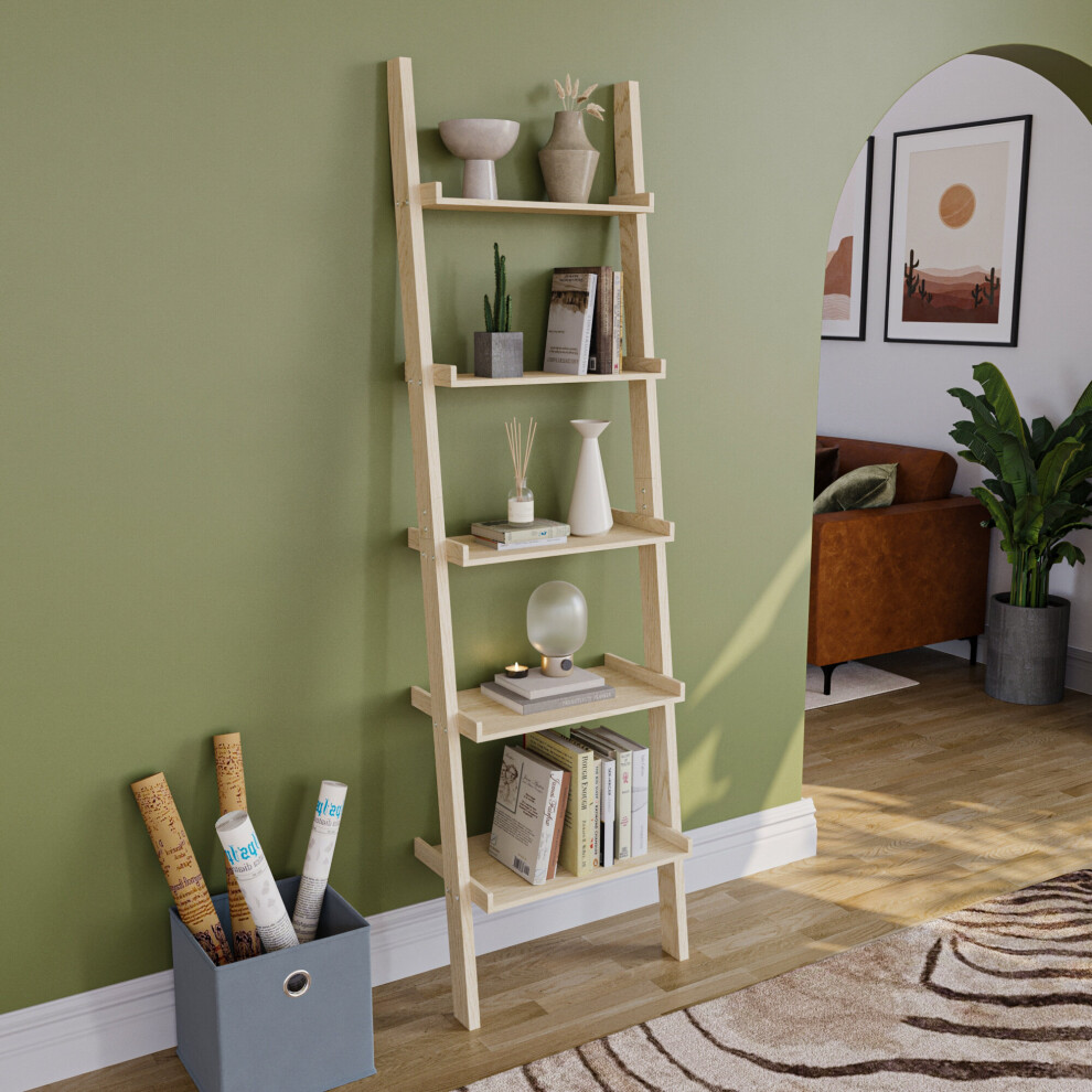 (Pine) York 5 Tier Ladder Bookcase Leaning Shelving Unit