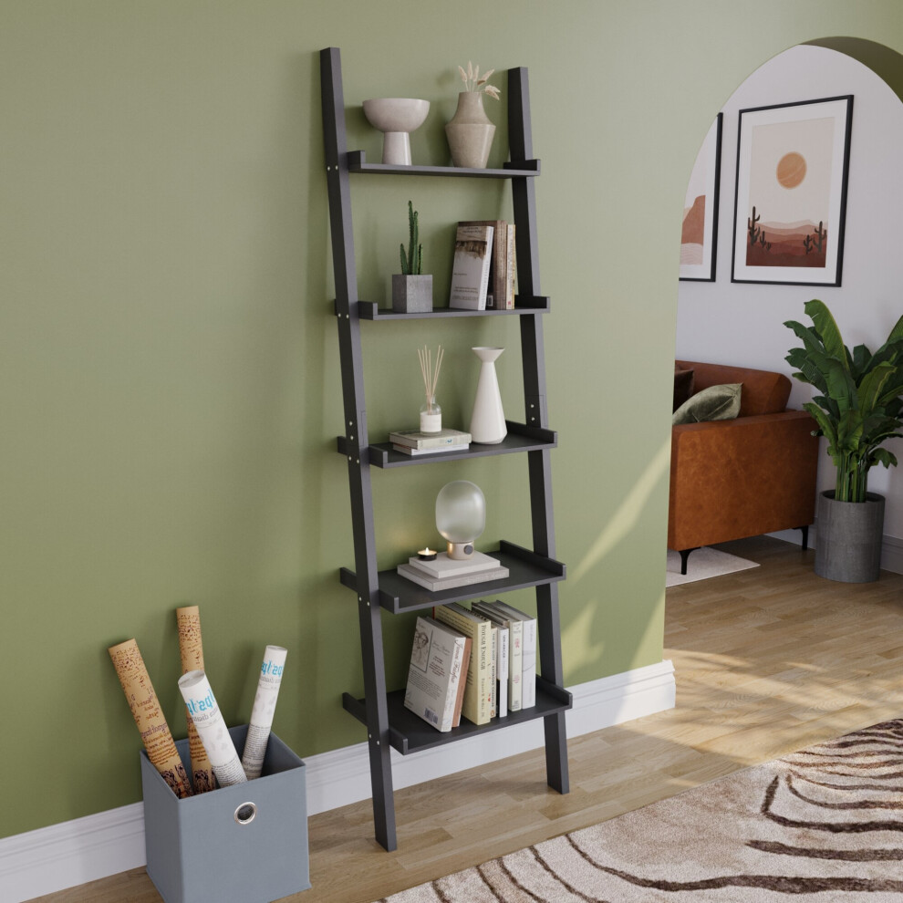 (Black) York 5 Tier Ladder Bookcase Leaning Shelving Unit