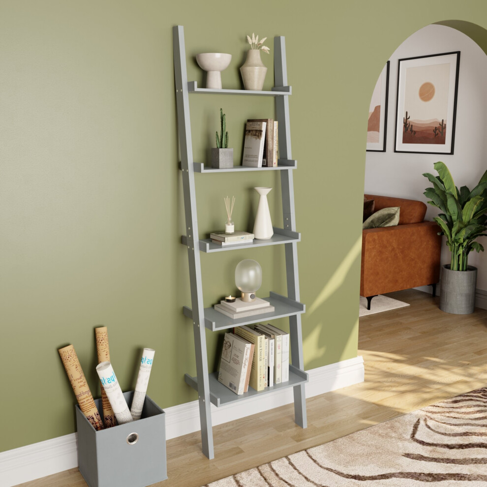 (Grey) York 5 Tier Ladder Bookcase Leaning Shelving Unit