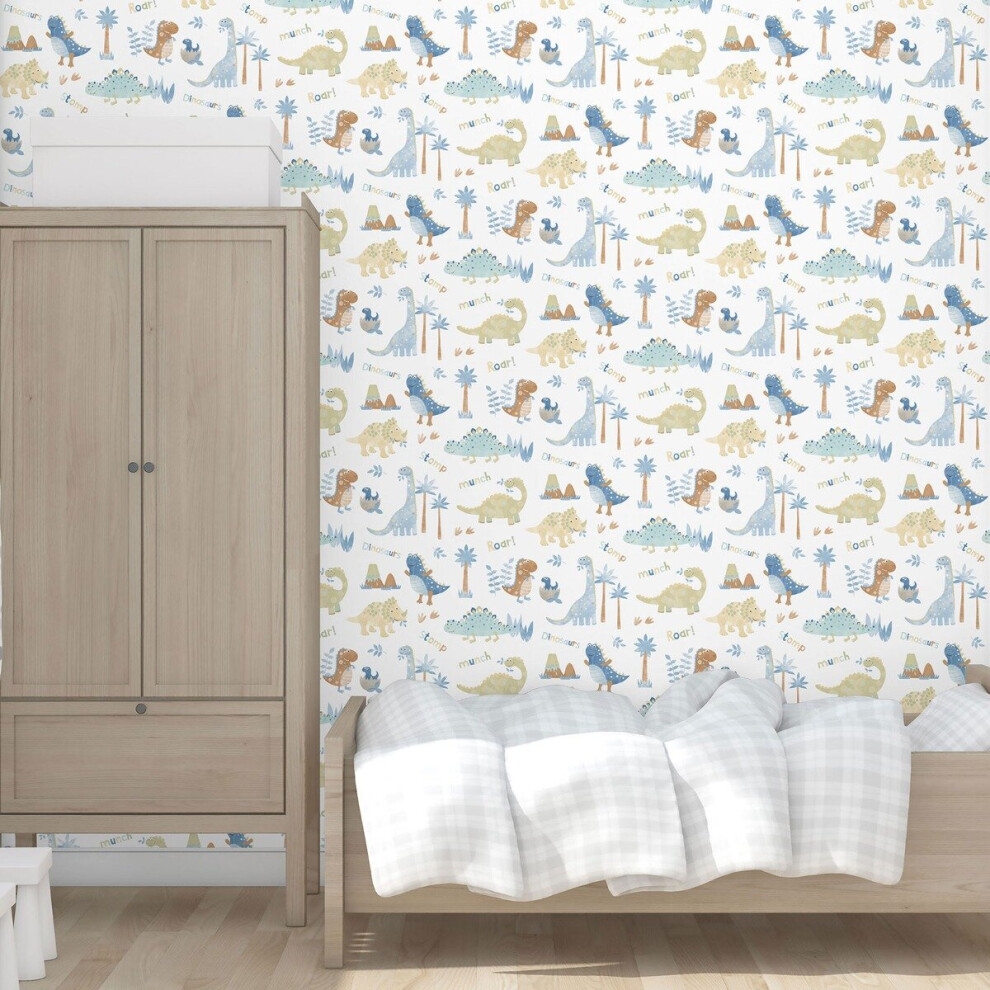 Galerie Tiny Tots 2 Dinosaurs Wallpaper Blue Beige G78363