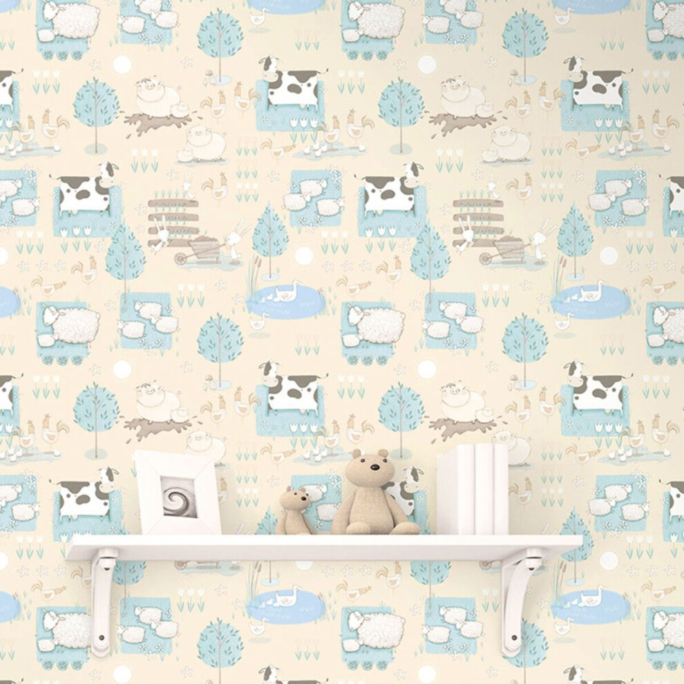 Galerie Tiny Tots 2 Farmland Wallpaper Beige Turquoise G78374