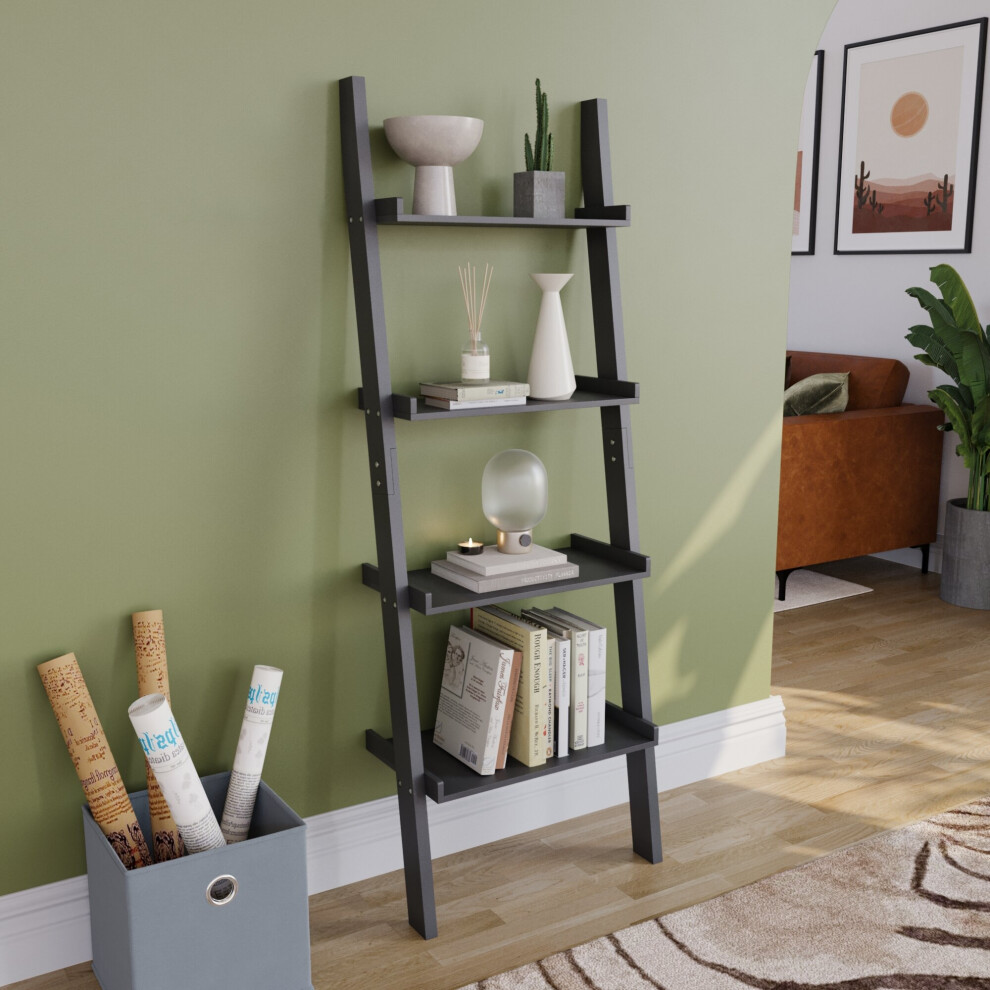 (Black) York 4 Tier Ladder Bookcase Leaning Shelving Unit