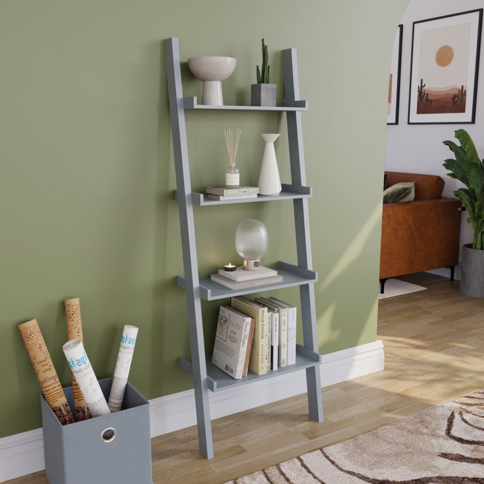 (Grey) York 4 Tier Ladder Bookcase Leaning Shelving Unit