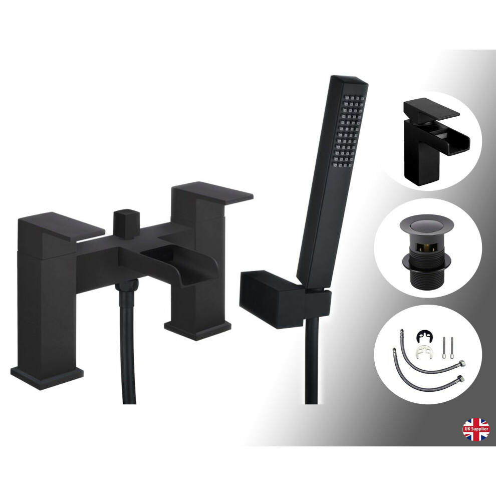 Matt Black Bathroom Tap Set Shower Mixer Tap Incl Hose & Handset (Dunk) 5060651456934