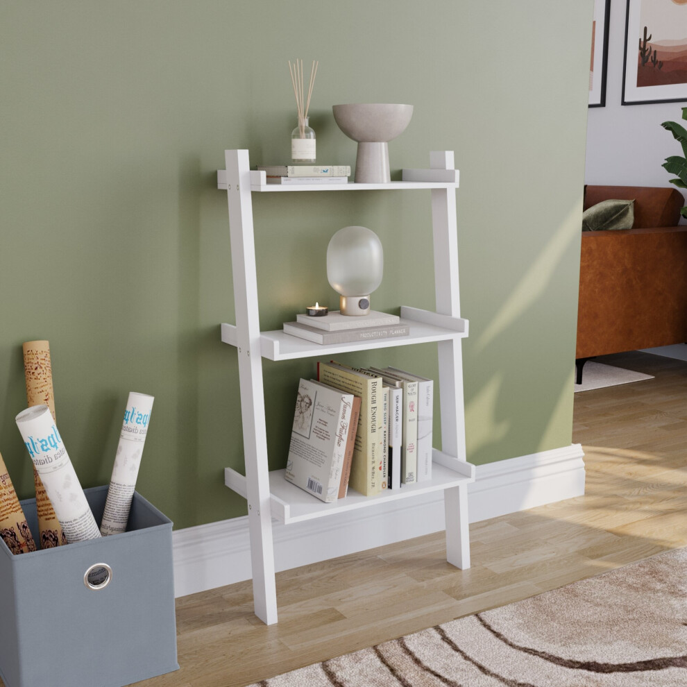 (White) York 3 Tier Ladder Bookcase Leaning Shelving Unit