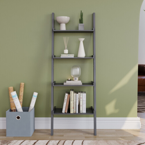 Vida Designs (Black) York 4 Tier Ladder Bookcase Leaning Shelving Unit 1