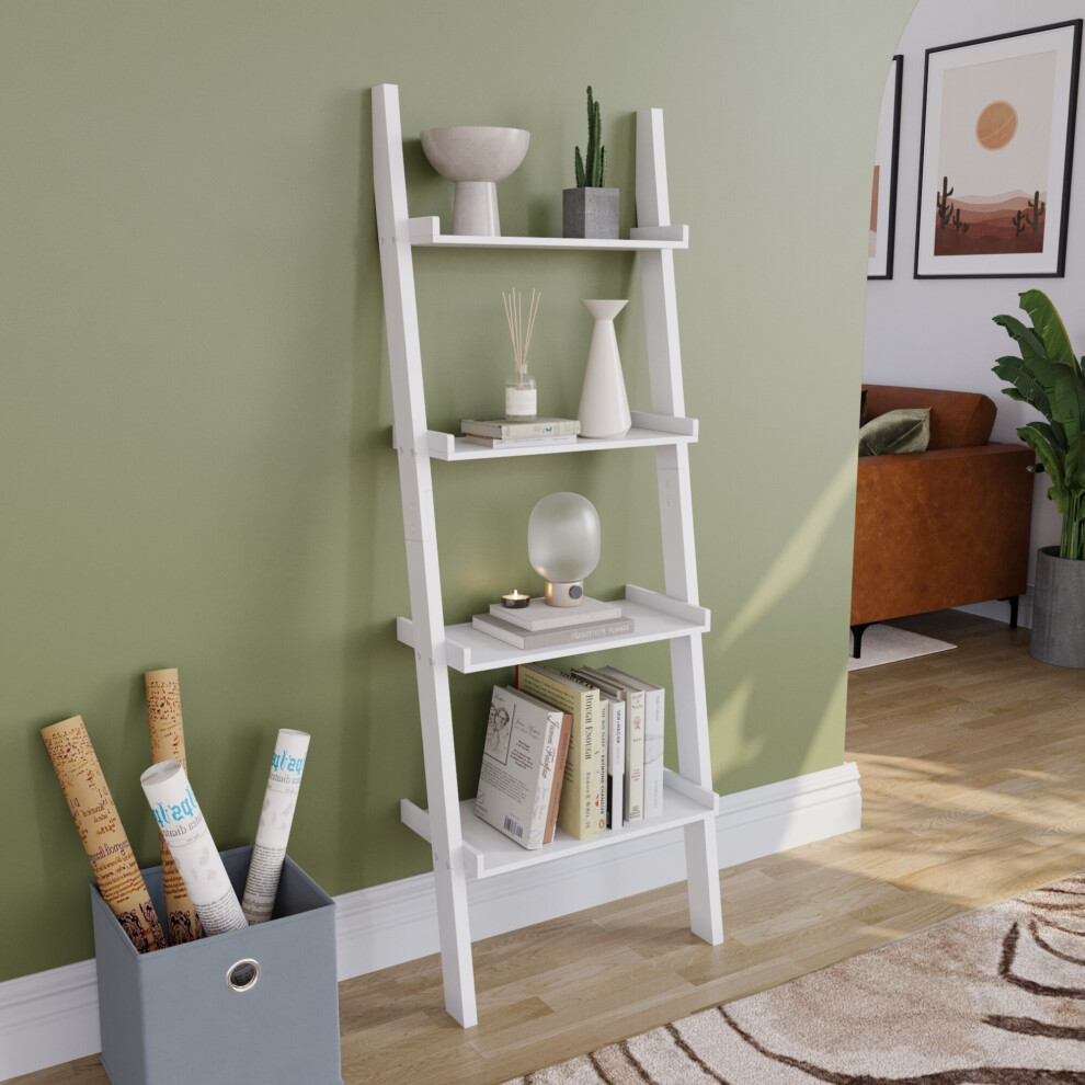 (White) York 4 Tier Ladder Bookcase Leaning Shelving Unit