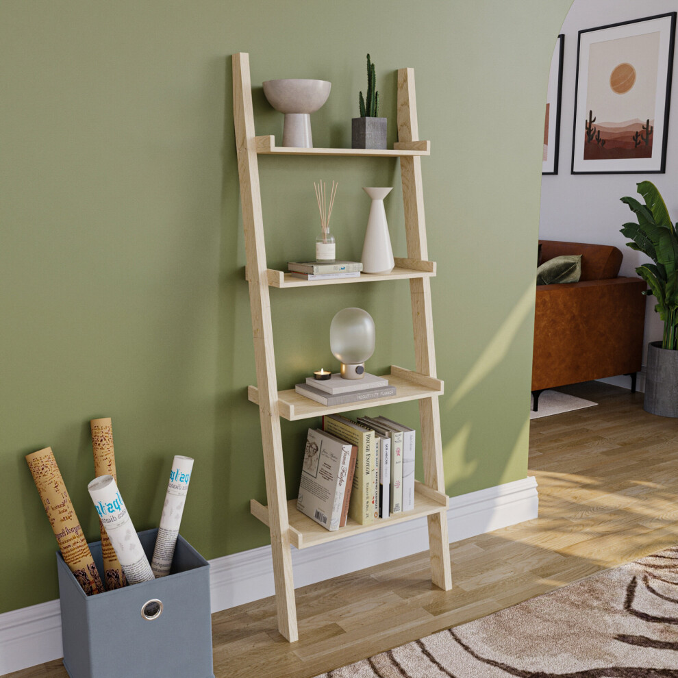 (Pine) York 4 Tier Ladder Bookcase Leaning Shelving Unit