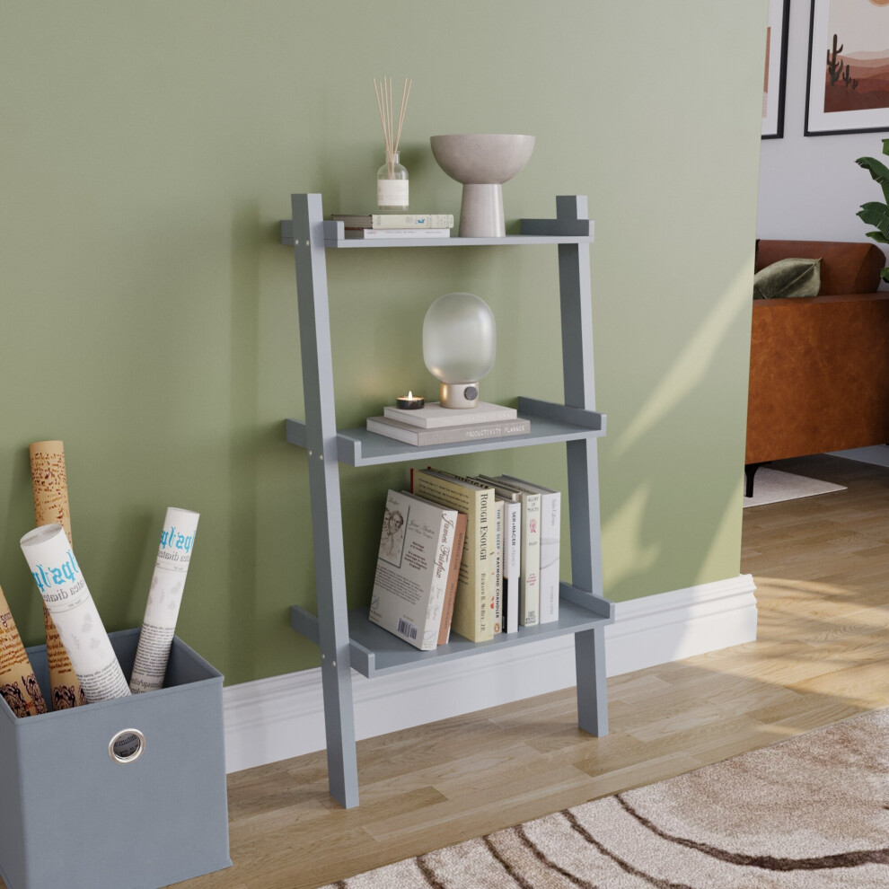 (Grey) York 3 Tier Ladder Bookcase Leaning Shelving Unit