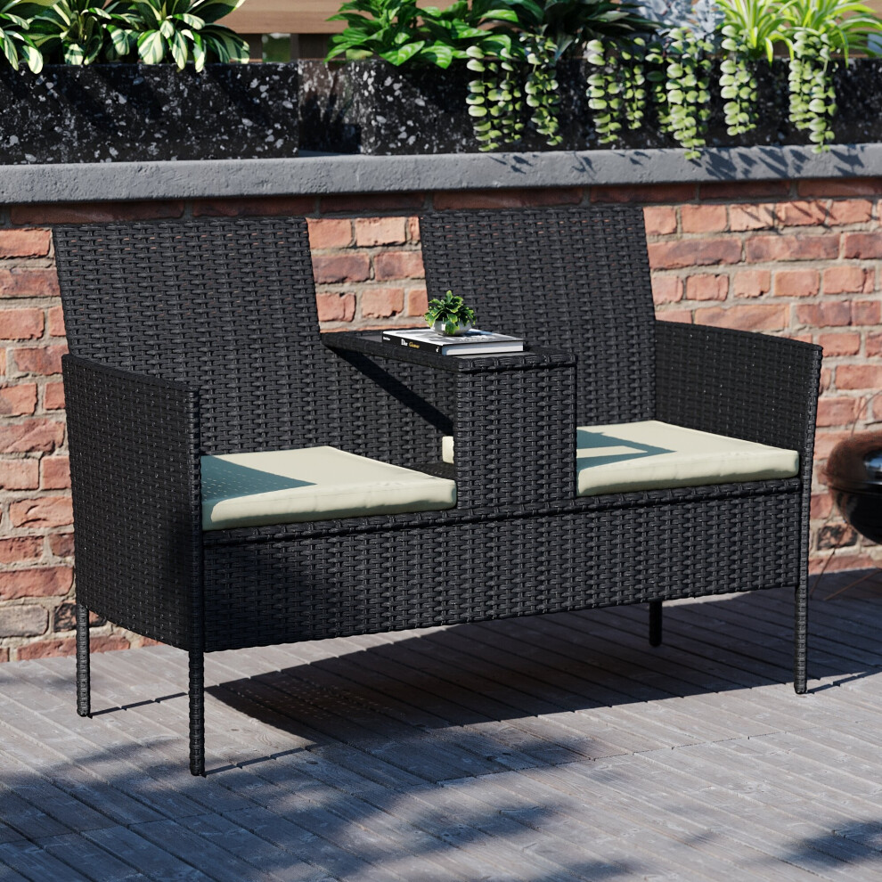 (Black) Vienna Love Seat Bench Chairs Glass Table Rattan