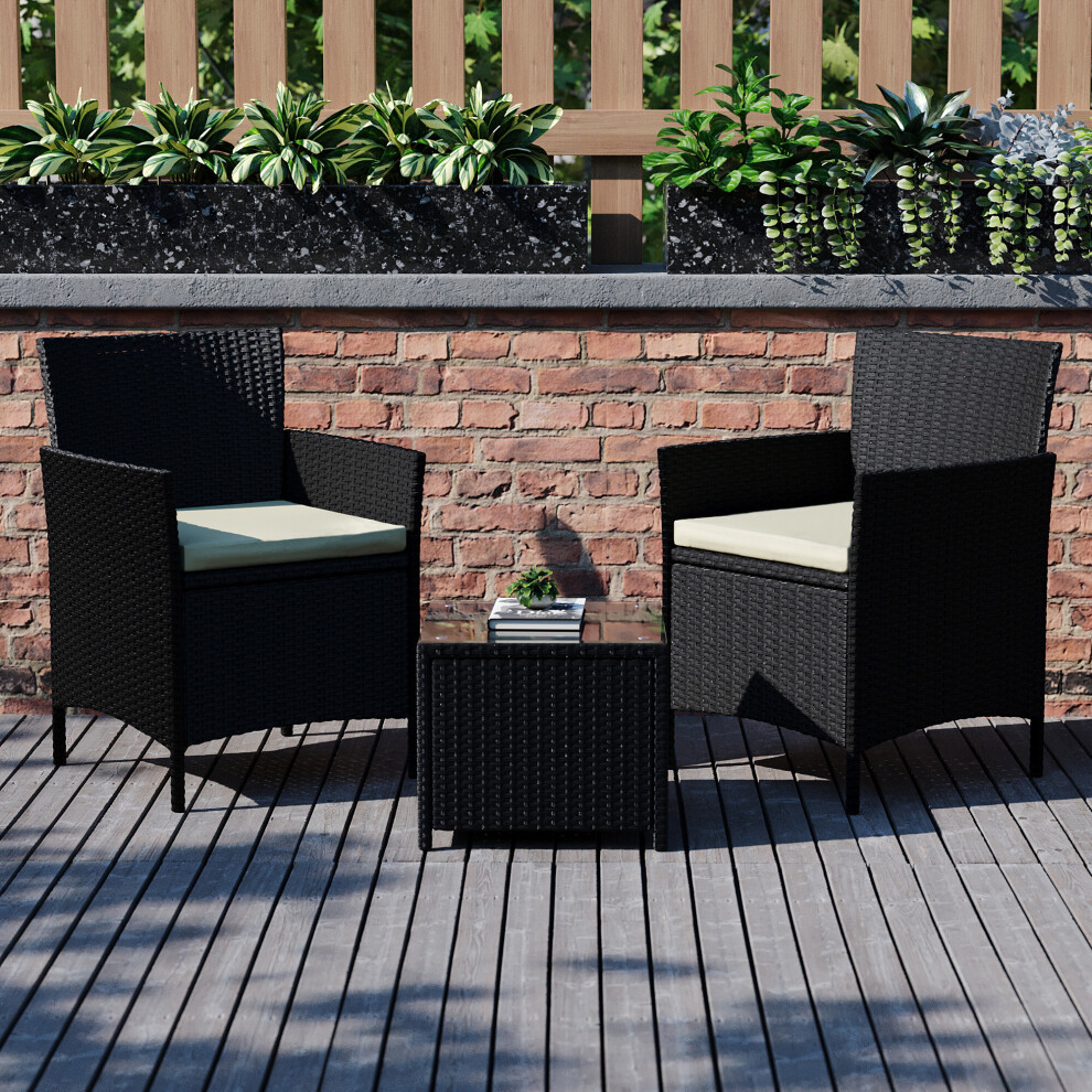 (Black) Bali 2 Seat Garden Set Chairs Glass Table Rattan