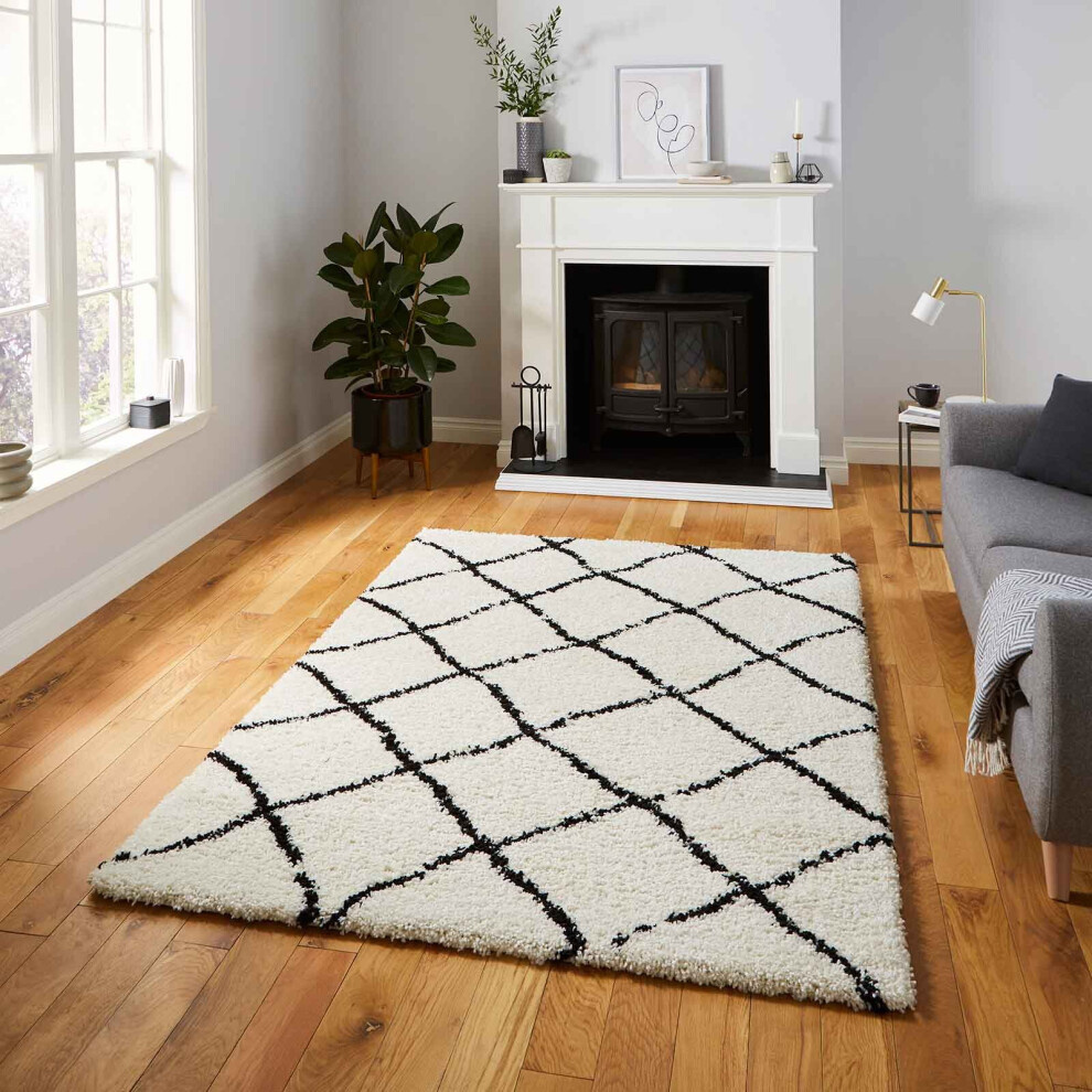 (White/Black, 120 x 170 cm) Diamond Geometric Shaggy Rugs Nordic Scandi Barber Style Rug Soft Warm Small XL Large Living Room Bedroom Carpet Mat 4cm Thick Shag Pile