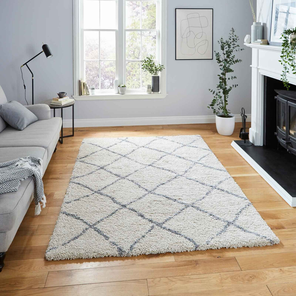 Think Rugs (Cream/Grey, 120 X 170 Cm) Diamond Geometric Shaggy Rugs Nordic Scandi Barber Style Rug Soft Warm Small Xl Large Living Room Bedroom Carpet Mat 4Cm Th