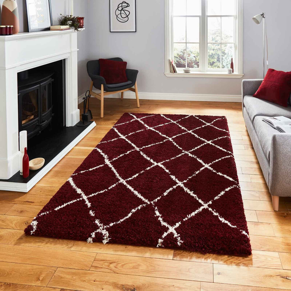 (Red/Cream, 120 x 170 cm) Diamond Geometric Shaggy Rugs Nordic Scandi Barber Style Rug Soft Warm Small XL Large Living Room Bedroom Carpet Mat 4cm Thick Shag Pile