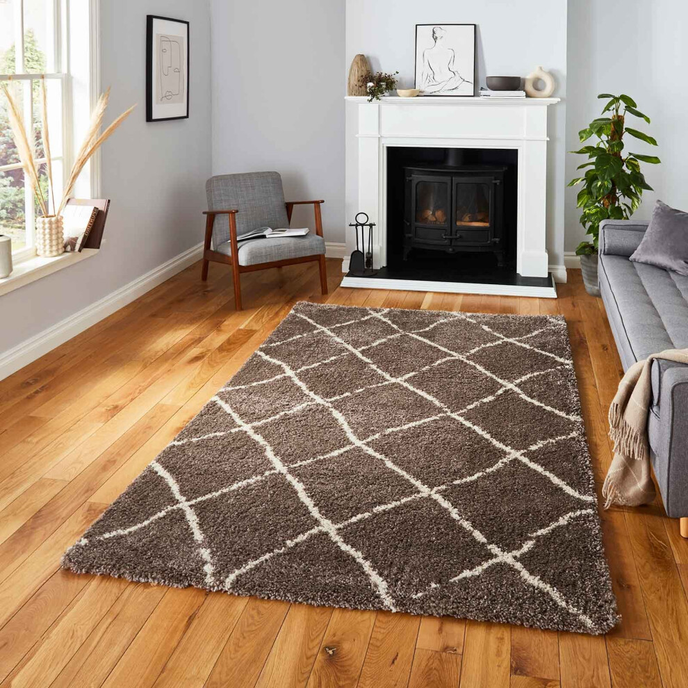 (Beige/Cream, 160 x 220 cm) Diamond Geometric Shaggy Rugs Nordic Scandi Barber Style Rug Soft Warm Small XL Large Living Room Bedroom Carpet Mat 4cm Thick Shag Pile
